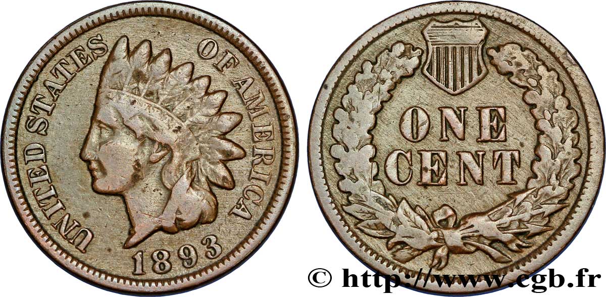 ÉTATS-UNIS D AMÉRIQUE 1 Cent tête d’indien, 3e type 1893 Philadelphie TB+ 
