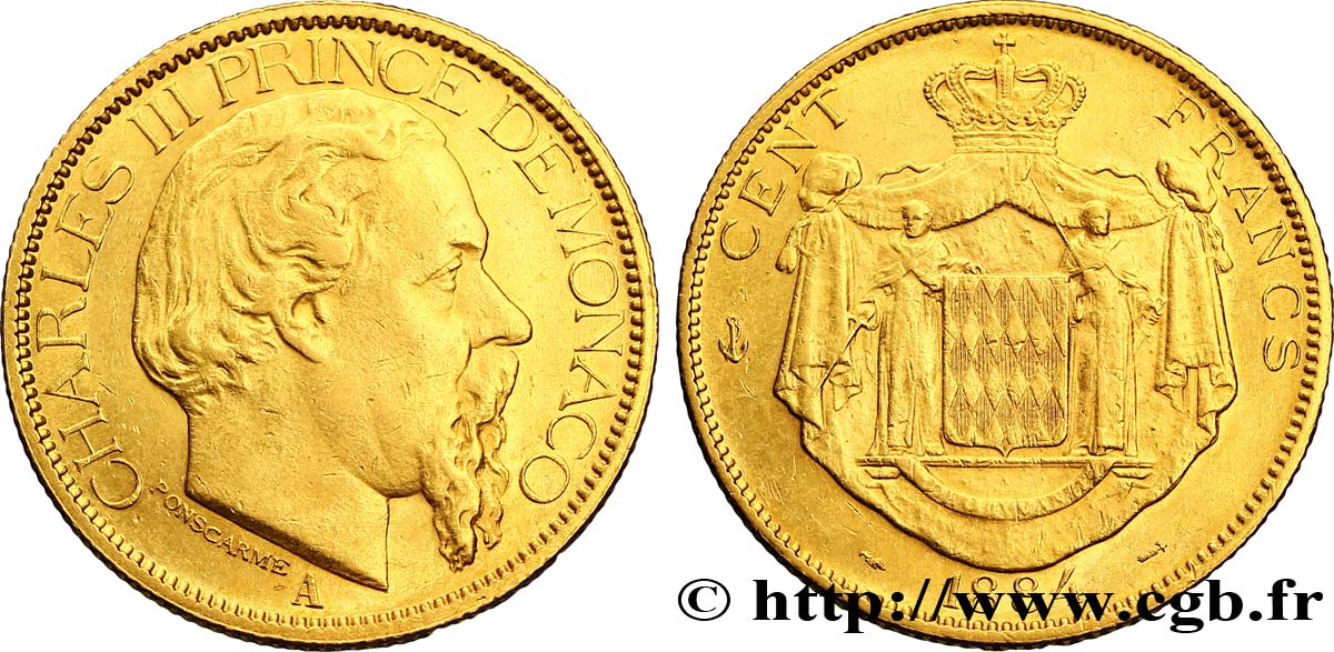 MONACO 100 Francs or Charles III / manteau d’armes couronné 1884 Paris - A TTB 