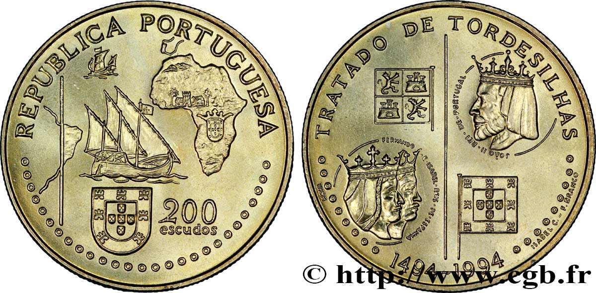 PORTUGAL 200 Escudos Traité de Tordesillas en 1494 1994  SPL 