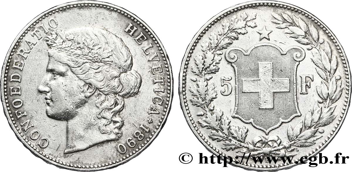 SUISSE 5 Francs Helvetia buste 1890 Berne TTB 