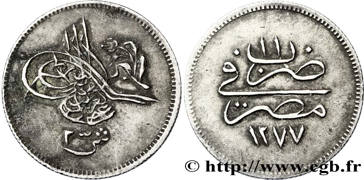 ÉGYPTE 2 1/2 Qirsh Abdul Aziz an 1277 an 11 1870 Misr TTB 