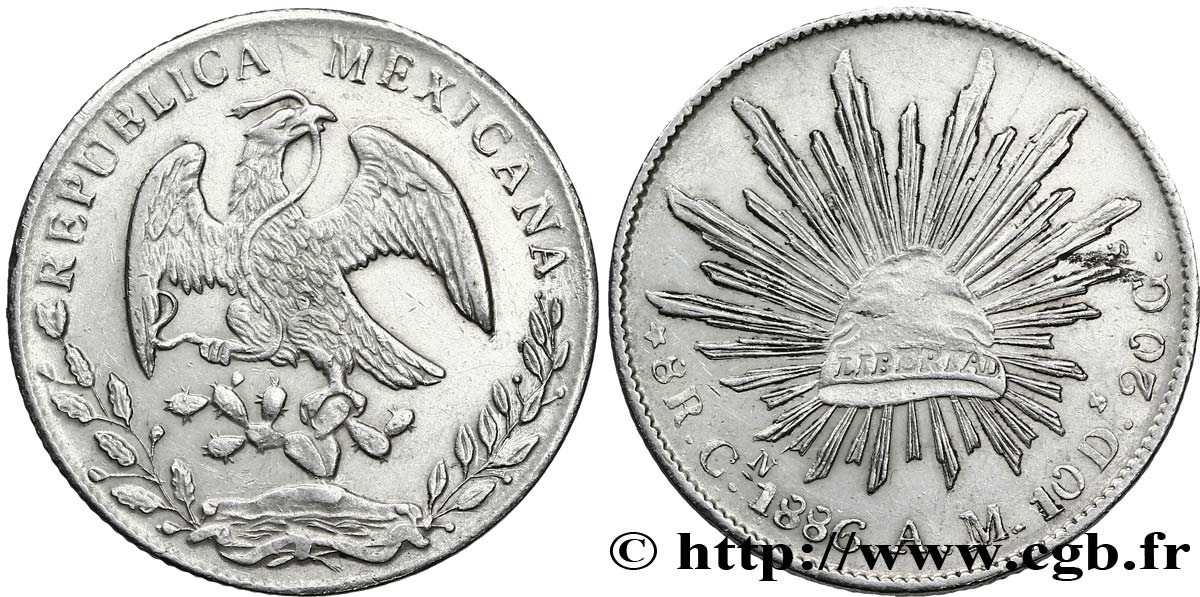 MEXIQUE 8 Reales Aigle / bonnet phrygien sur soleil 1886 Culiacan TTB 