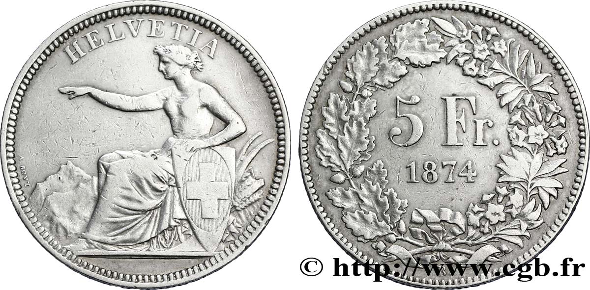 SUISSE 5 Francs Helvetia assise à l’écu 1874 Bruxelles - B. TTB 