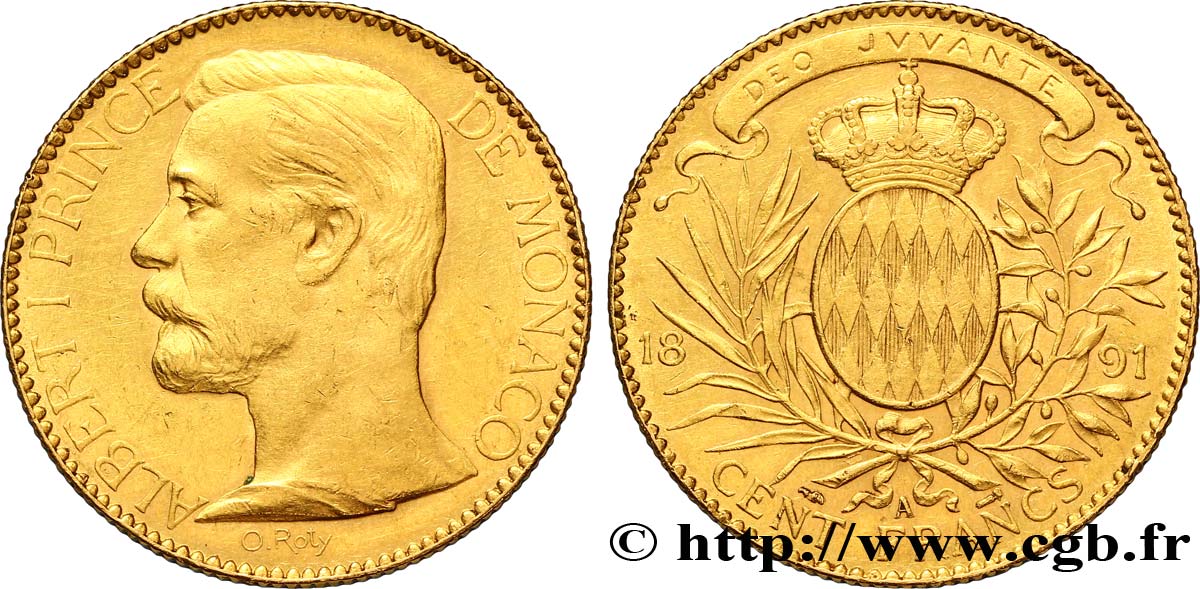 MONACO 100 Francs or Albert Ier / écu couronné 1891 Paris TTB+ 