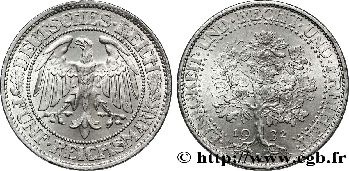 ALLEMAGNE 5 Reichsmark aigle / chêne 1932 Berlin SUP 