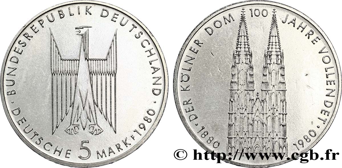ALLEMAGNE 5 Mark 100e anniversaire de la Cathédrale de Cologne 1980 Stuttgart - F TTB+ 