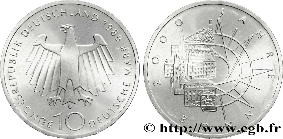 ALLEMAGNE 10 Mark Proof aigle héraldique / 2000e anniversaire de la fondation de Bonn 1989 Munich - D SPL 