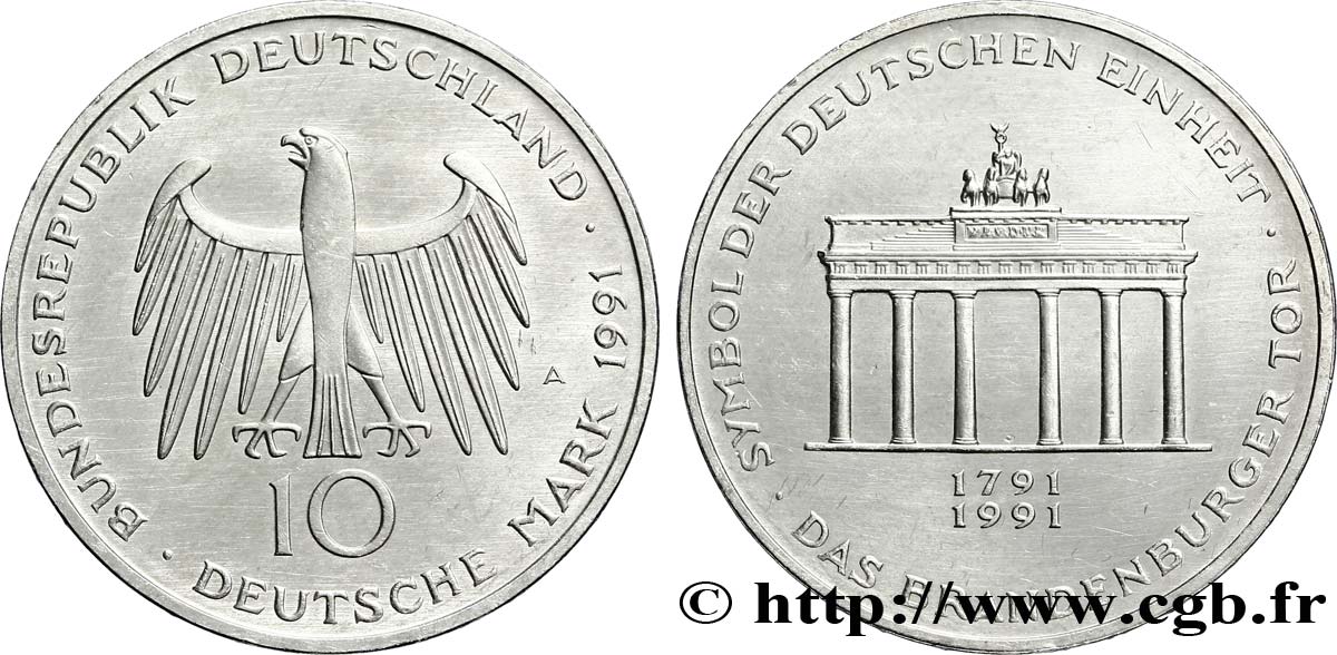 ALLEMAGNE 10 Mark aigle héraldique / porte de Brandebourg 1991 Berlin SUP 