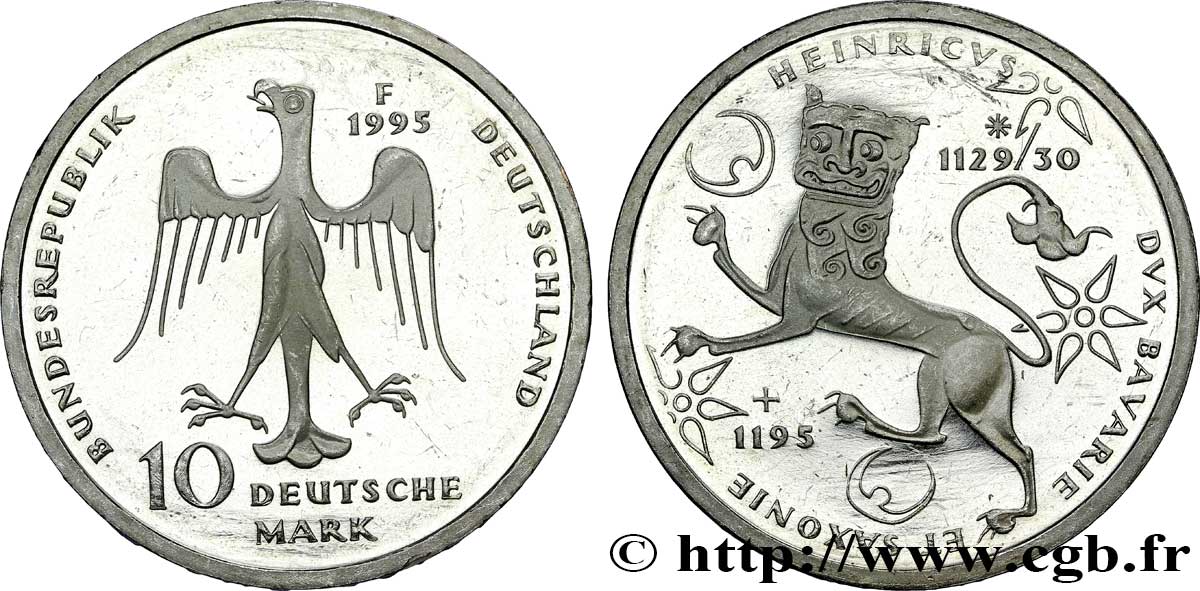 ALLEMAGNE 10 Mark Proof aigle héraldique / Henri “le lion” 1995 Stuttgart - F SUP 
