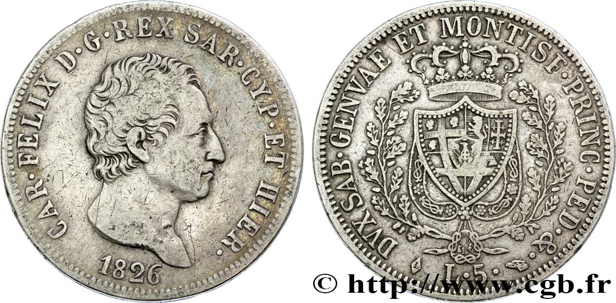 ITALY - KINGDOM OF SARDINIA 5 Lire Charles Félix, roi de Sardaigne 1826 Turin XF 