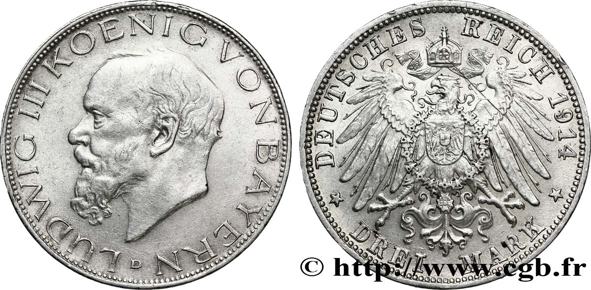 ALLEMAGNE - BAVIÈRE 3 Mark Louis III roi de Bavière / aigle impérial héraldique 1914 Munich - D SUP 