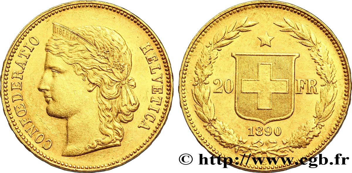 SUISSE 20 Francs or buste diadémé d Helvetia / croix suisse 1890 Berne - B SUP 