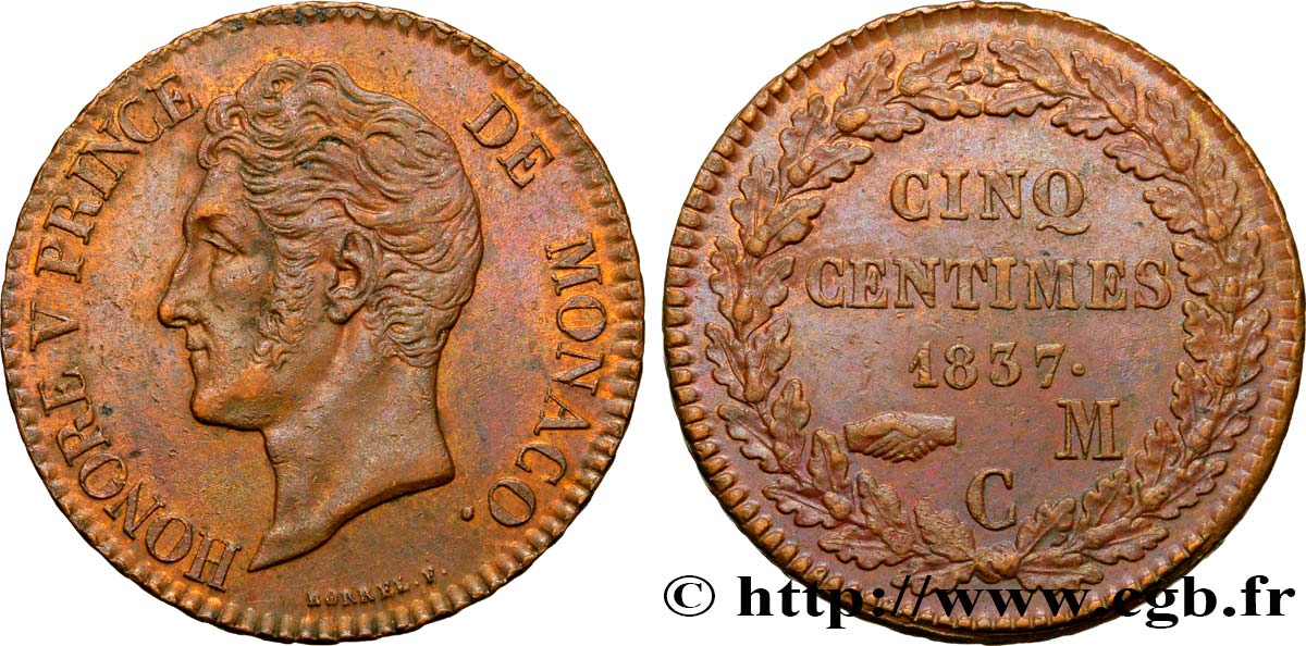 MONACO 5 Centimes Honoré V petite tête en cuivre rouge 1837 Monaco AU 