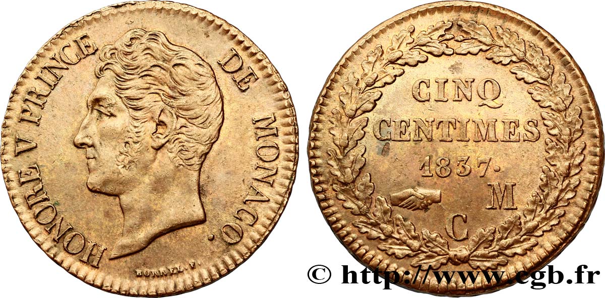 MONACO 5 Centimes Honoré V petite tête en cuivre rouge 1837 Monaco SUP 