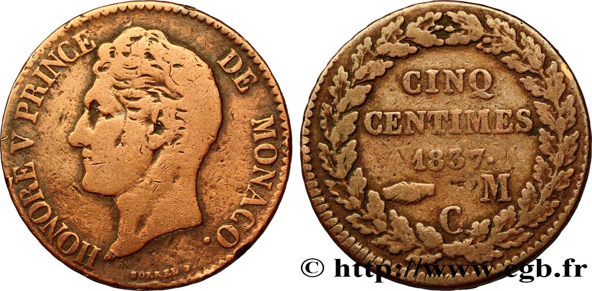 MONACO 5 Centimes Honoré V petite tête en cuivre rouge 1837 Monaco TB 