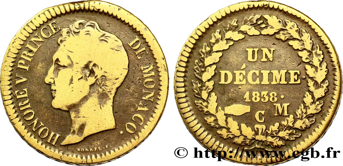 MONACO 1 Décime Honoré V cuivre jaune 1838 Monaco VF 