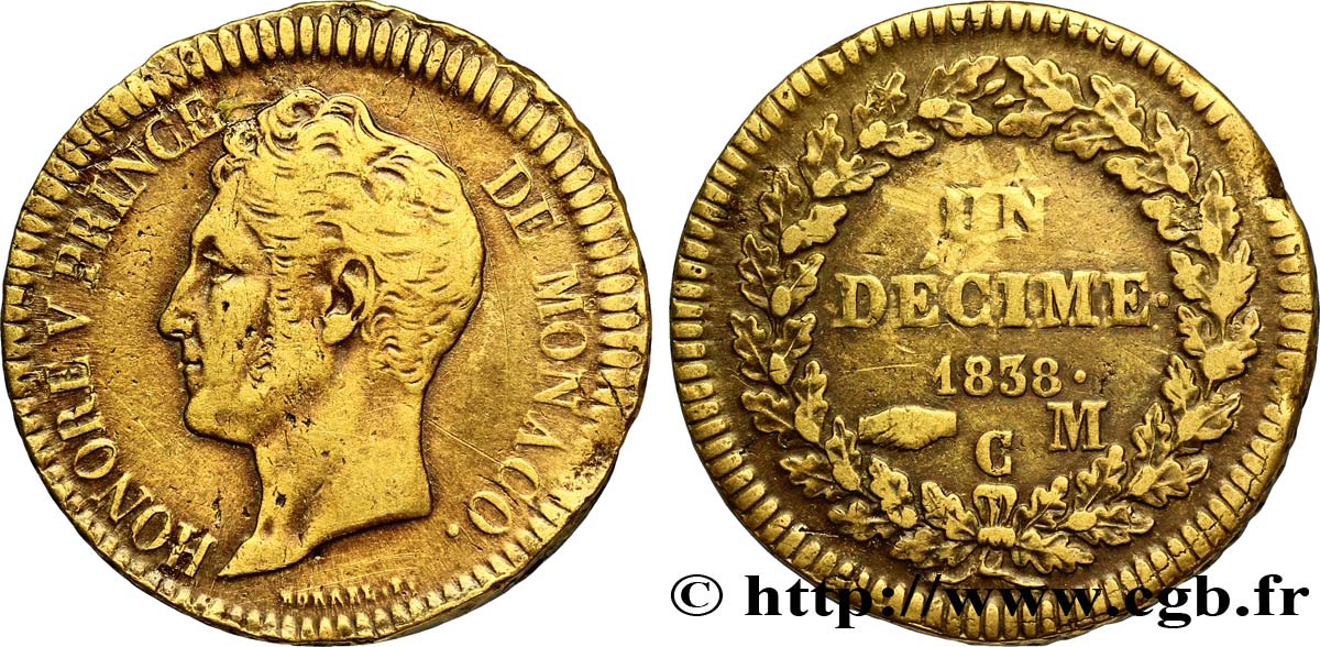 MONACO 1 Décime Honoré V cuivre jaune 1838 Monaco BB 