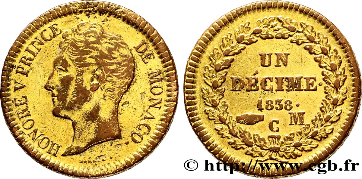 MONACO 1 Décime Honoré V dorée 1838 Monaco TTB 