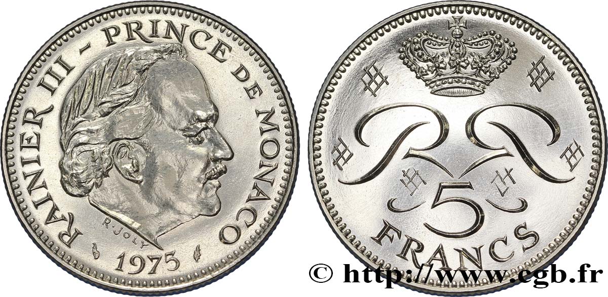 MONACO 5 Francs Rainier III / monogramme couronné 1975 Paris FDC 