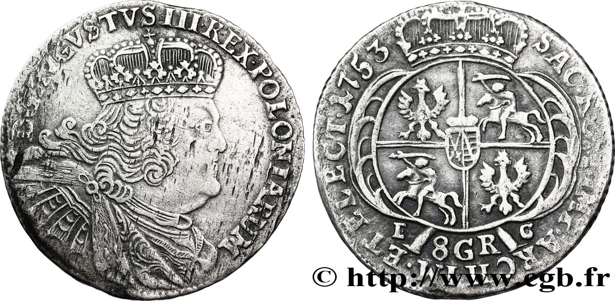 POLOGNE 8 Groschen Auguste III de Saxe / armes 1753  TTB 