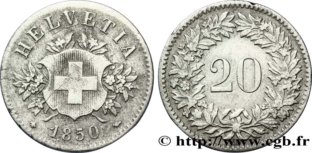 SUISSE 20 Centimes (Rappen) croix suisse 1850 Strasbourg - BB TB 