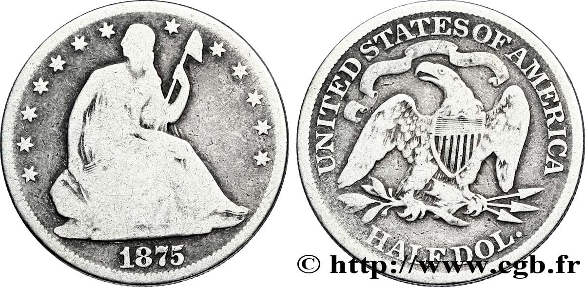 ÉTATS-UNIS D AMÉRIQUE 1/2 Dollar type Liberté assise variété à grande date 1875 Philadelphie B+ 