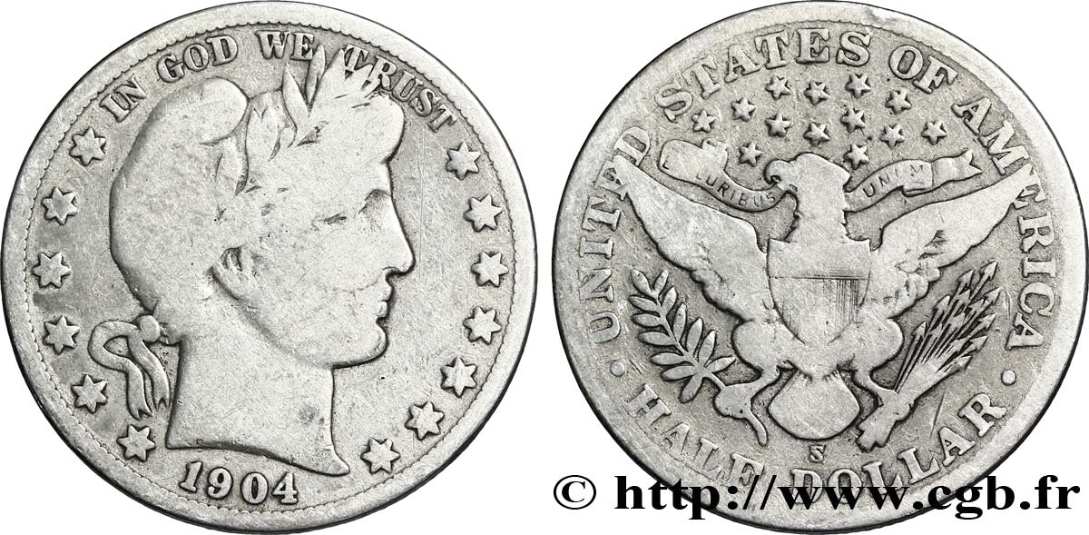 UNITED STATES OF AMERICA 1/2 Dollar Barber 1904 San Francisco VF 