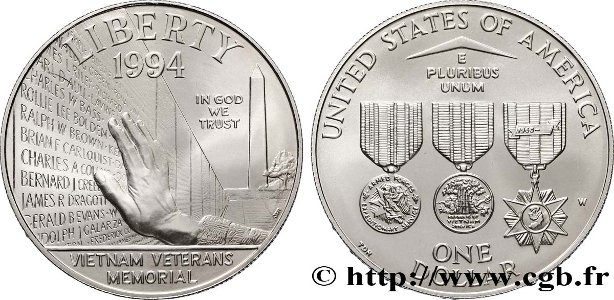 ÉTATS-UNIS D AMÉRIQUE 1 Dollar “mémorial des vétérans du Vietnam” 1994 West Point - W FDC 