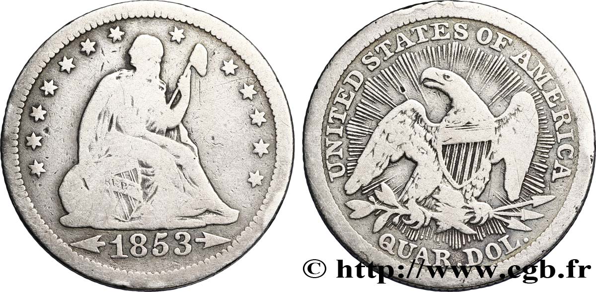 ÉTATS-UNIS D AMÉRIQUE 1/4 Dollar Liberté assise type de 1853 avec rayons autour de l’aigle 1853 Philadelphie B+ 