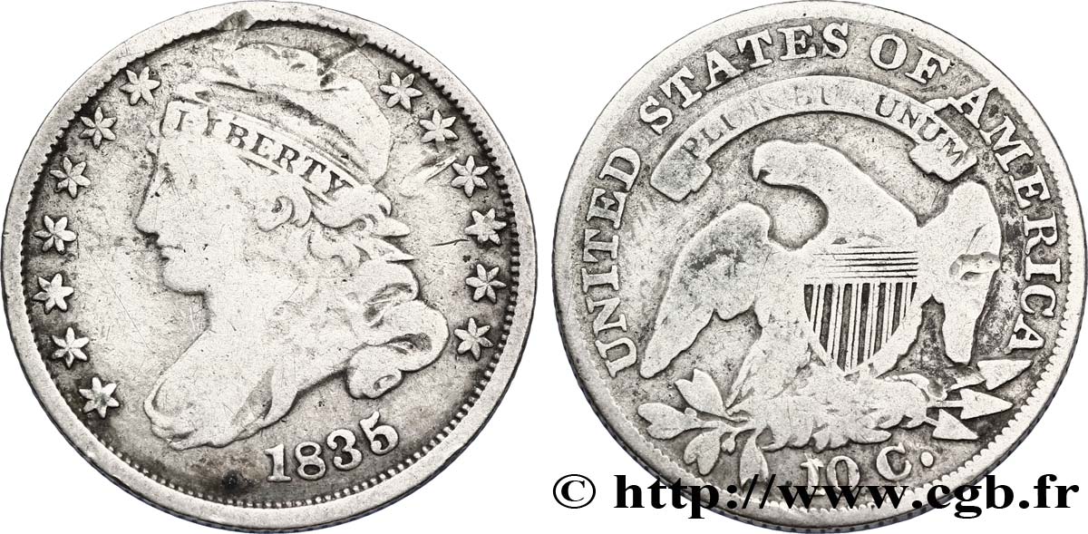 ÉTATS-UNIS D AMÉRIQUE 10 Cents (1 Dime) type “capped bust”  1835 Philadelphie TB 