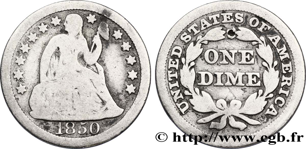 ÉTATS-UNIS D AMÉRIQUE 1 Dime (10 Cents) Liberté assise 1850 Philadelphie B+ 