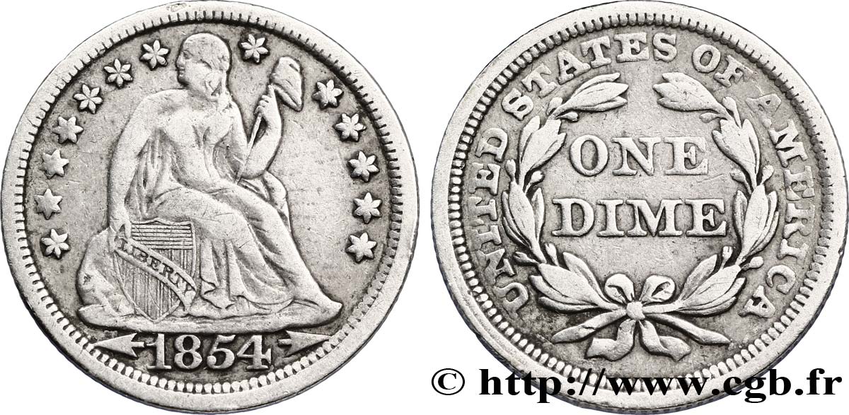 ÉTATS-UNIS D AMÉRIQUE 1 Dime (10 Cents) Liberté assise variété avec date encadrée par des flèches 1854 Philadelphie TTB 