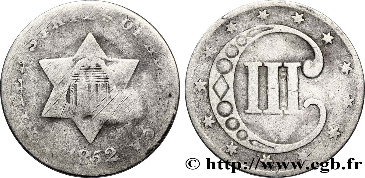 ÉTATS-UNIS D AMÉRIQUE 3 Cents 1852 Philadelphie B+ 