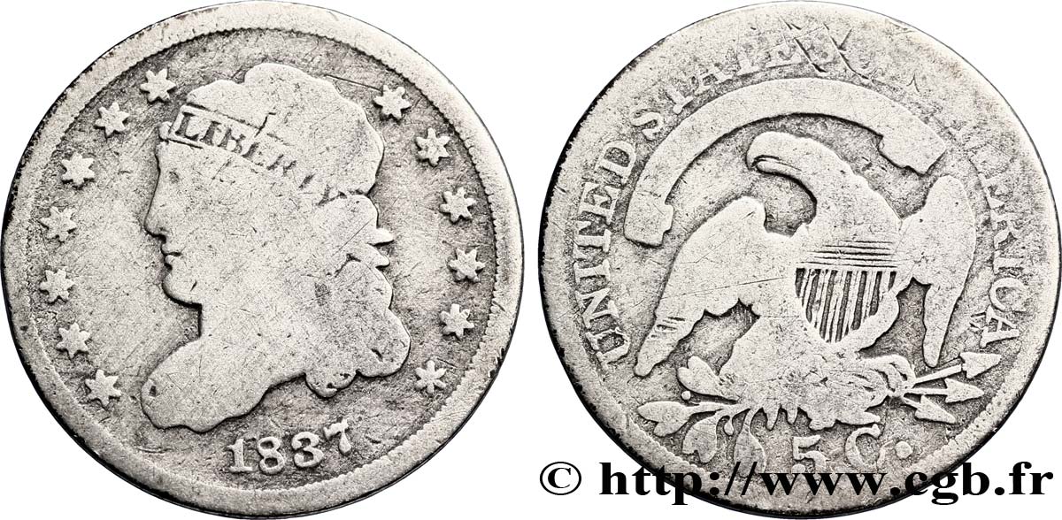 ÉTATS-UNIS D AMÉRIQUE 5 Cents “capped bust” 1837 Philadelphie B+ 