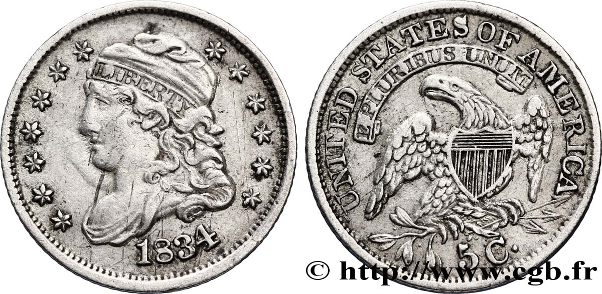 ÉTATS-UNIS D AMÉRIQUE 5 Cents “capped bust” 1834 Philadelphie TTB 