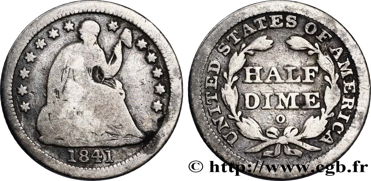 ÉTATS-UNIS D AMÉRIQUE 1/2 Dime (5 Cents) Liberté assise variété avec draperie 1841 Nouvelle-Orléans - O B+ 