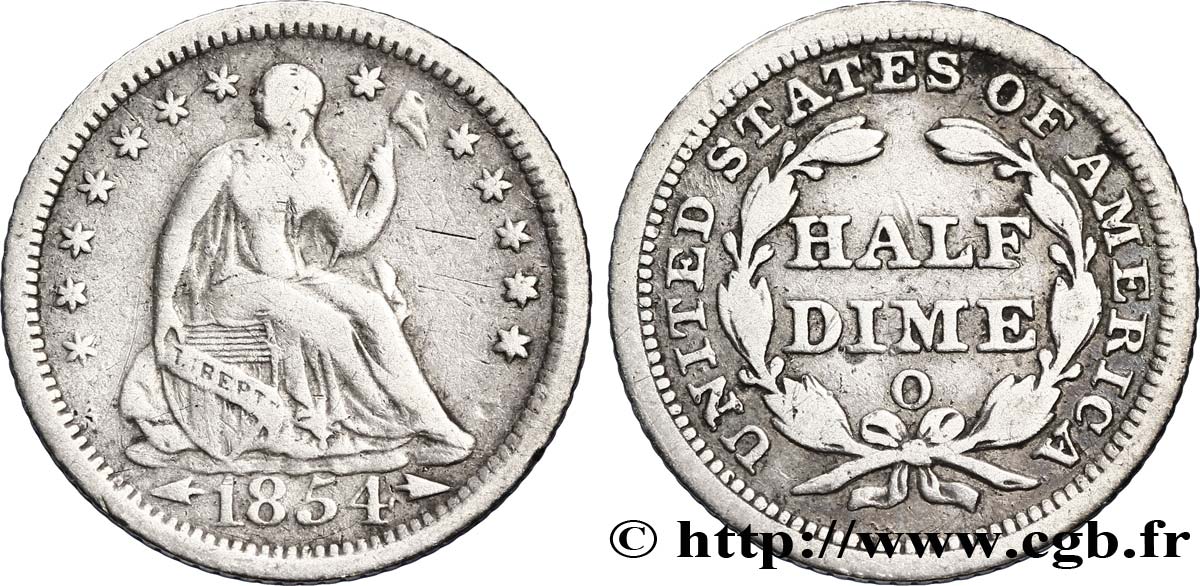 ÉTATS-UNIS D AMÉRIQUE 1/2 Dime (5 Cents) Liberté assise variété avec draperie 1854 Nouvelle-Orléans - O B+ 