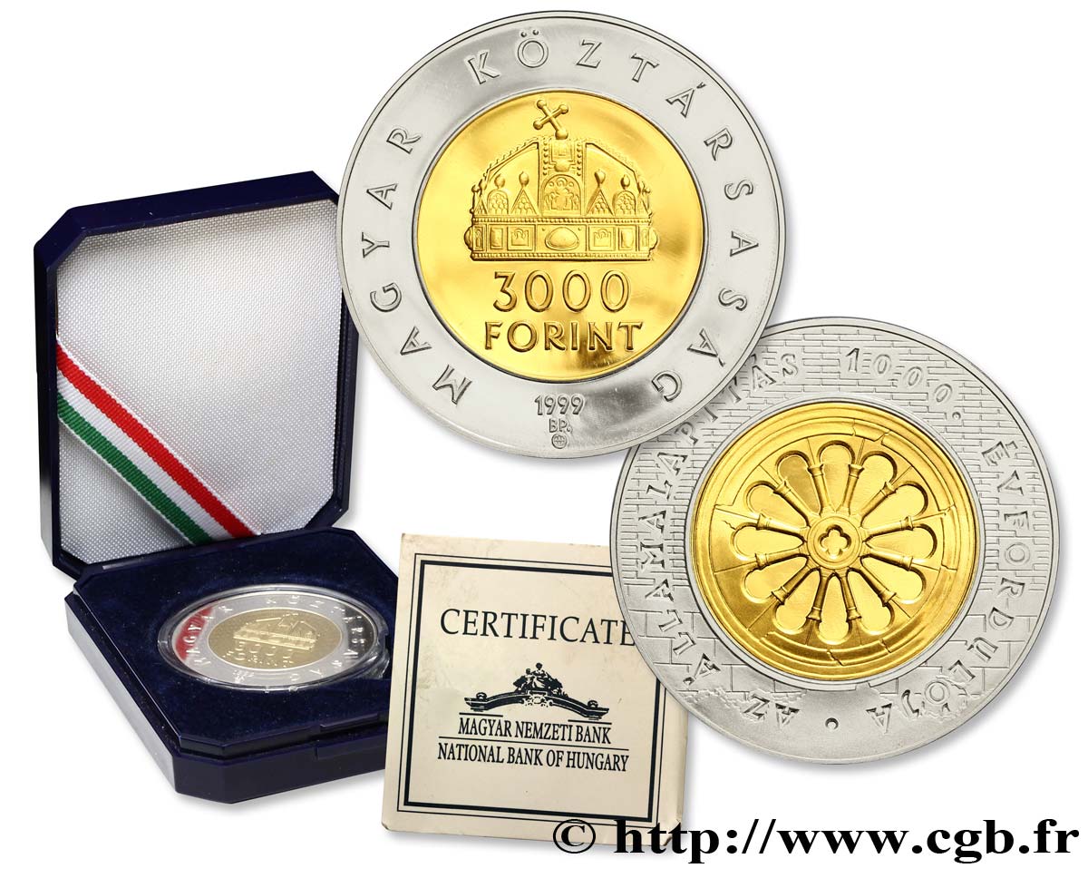 HONGRIE 3000 Forint Proof 1000e anniversaire de la fondation de l’état hongrois 1999 Budapest SPL 