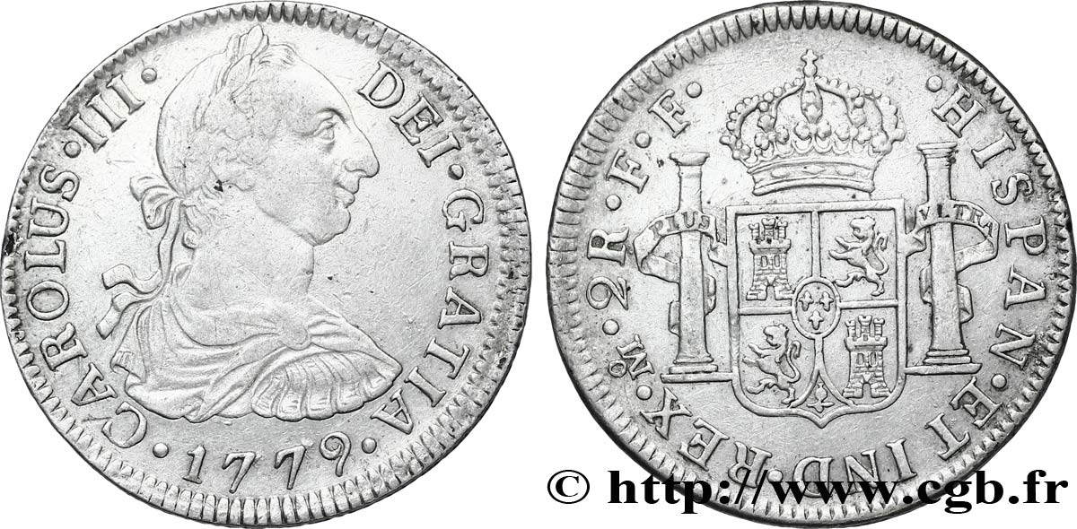 MEXIQUE 2 Reales Charles III tête laurée  / écu aux colonnes 1779 Mexico TTB 