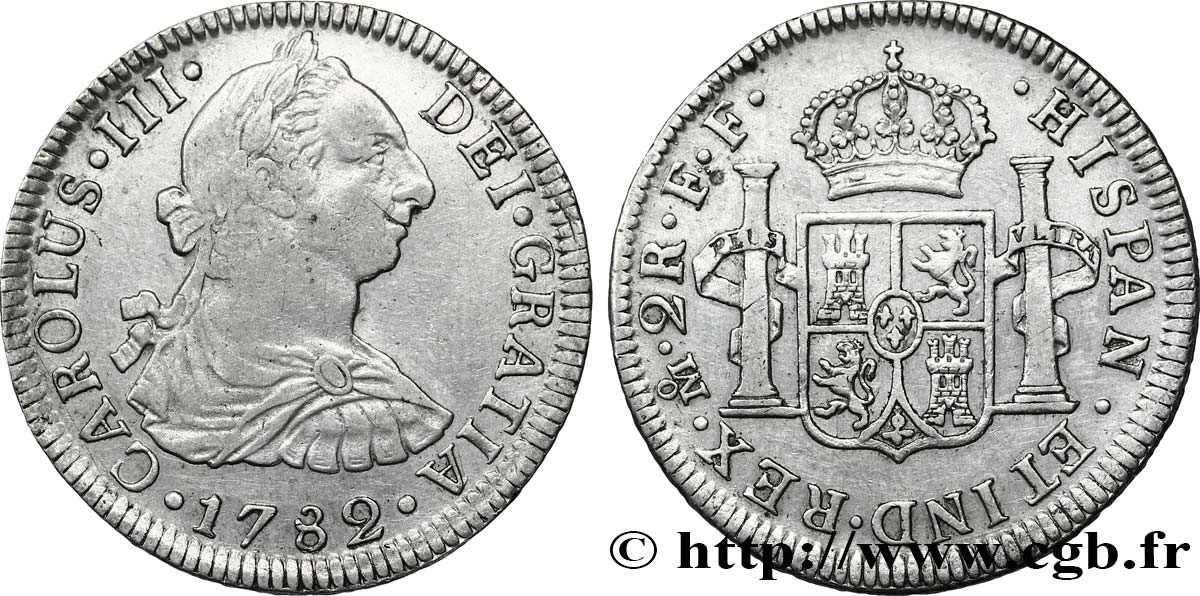 MEXIKO 2 Reales Charles III tête laurée  / écu aux colonnes 1782 Mexico SS 