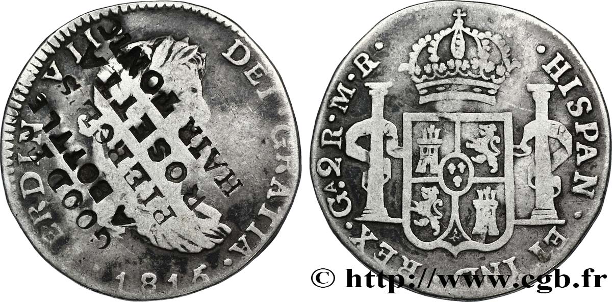 ÉTATS-UNIS D AMÉRIQUE Monnaie de 2 Reales contremarquée Pierce’s Rosetta Hair Tonic 1815 Guadalajara TB 