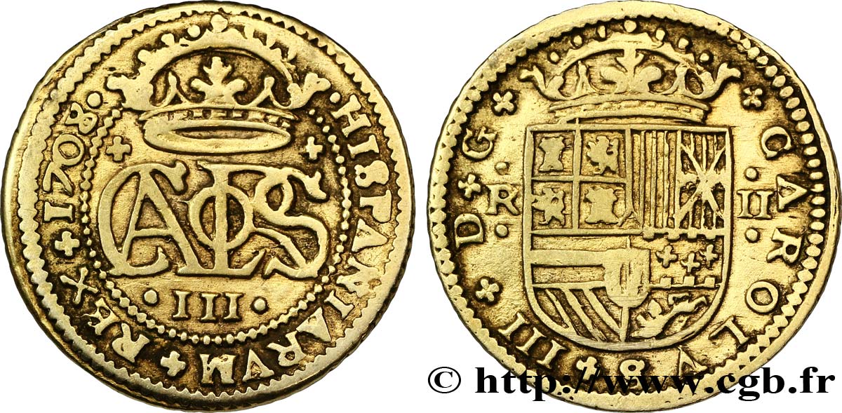 ESPAGNE 2 Reales Charles III archiduc prétendant 1712 Barcelone TTB 