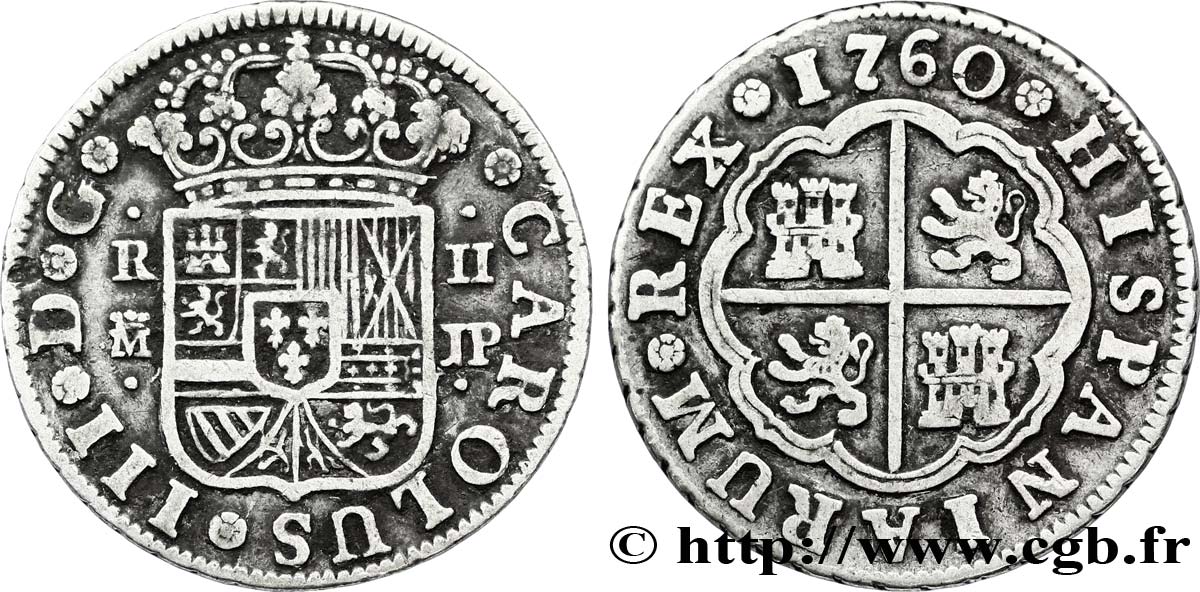 ESPAGNE 2 Reales Charles III d’Espagne JP 1760 Mexico TTB 