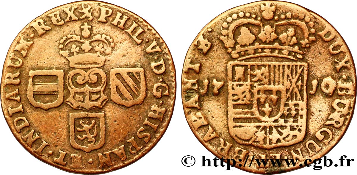 BELGIQUE - PAYS-BAS ESPAGNOLS 1 Liard de Namur pour Philippe V d’Espagne 1710 Namur TB+ 