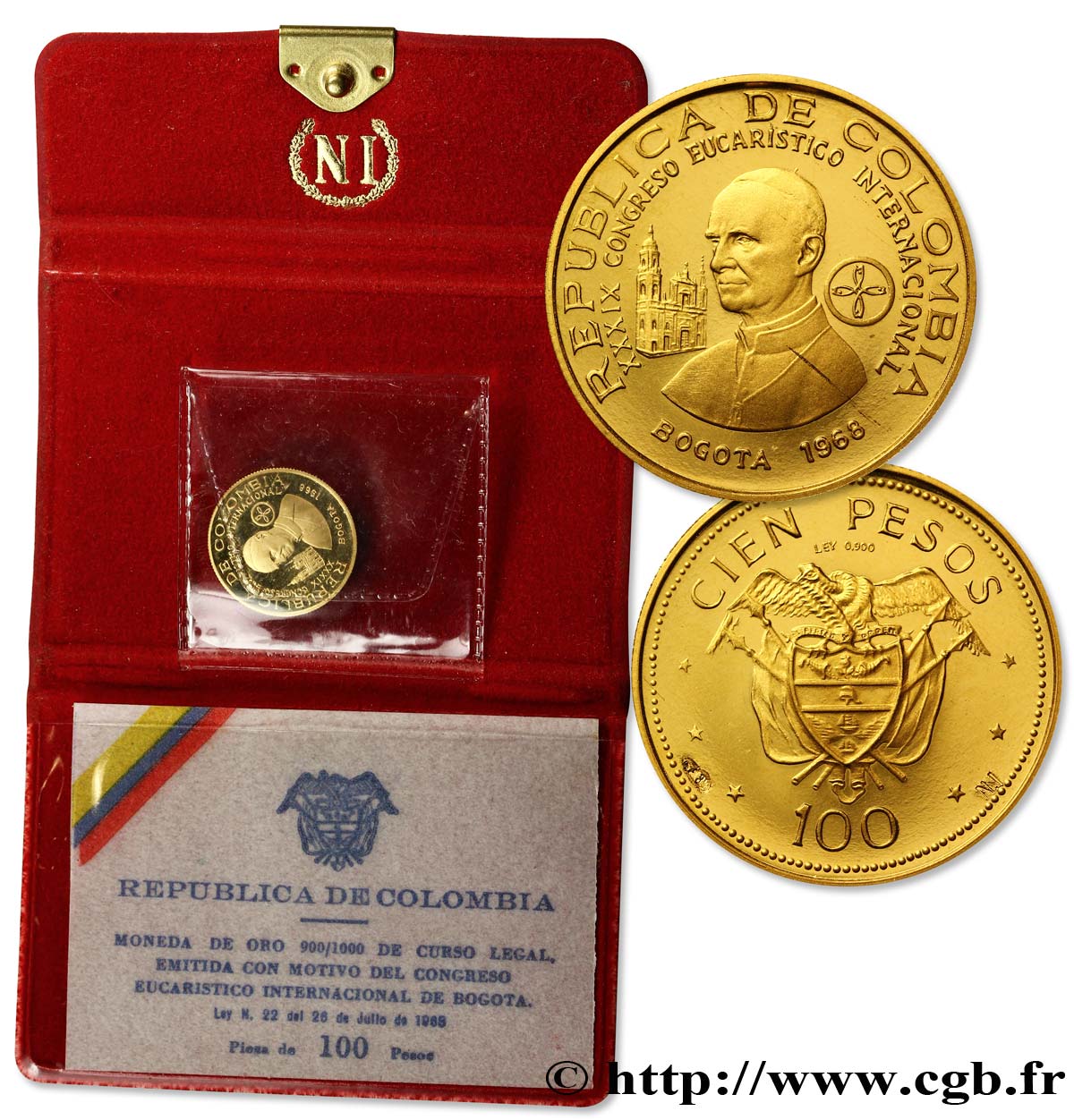 COLOMBIE 100 Pesos or Congrès Eucharistique International 1968 Bogota SPL 
