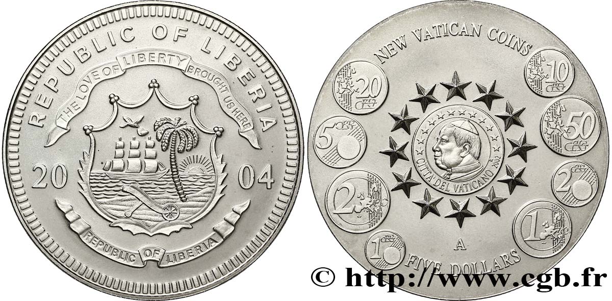 LIBERIA 5 Dollars armes / nouvelles monnaies du Vatican 2004  ST 