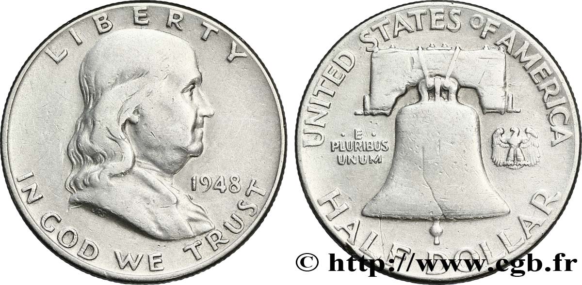 ÉTATS-UNIS D AMÉRIQUE 1/2 Dollar Benjamin Franklin 1948 Philadelphie TB 