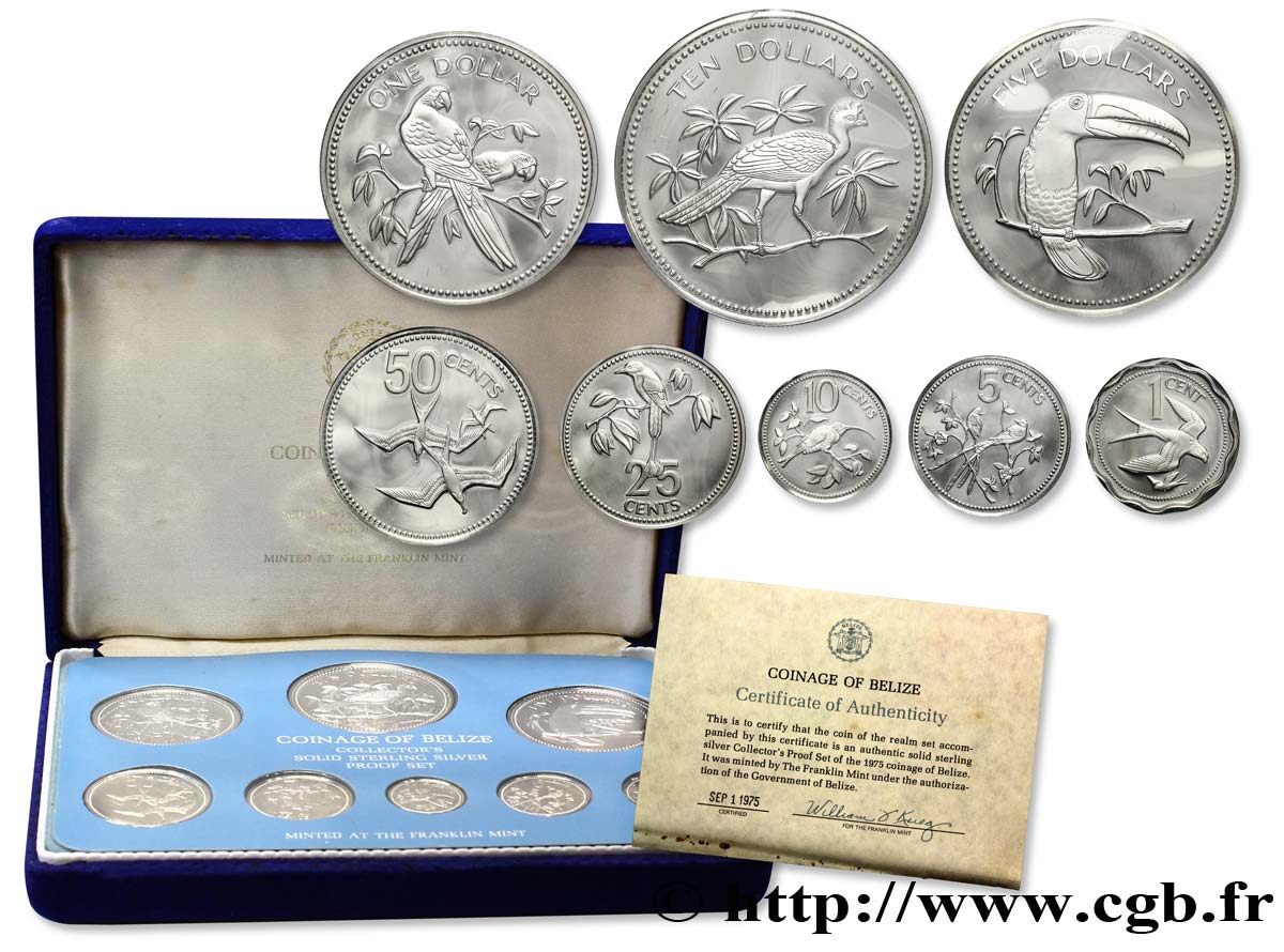BELIZE Série Proof 8 monnaies emblèmes / oiseaux 1975 Franklin Mint MS 