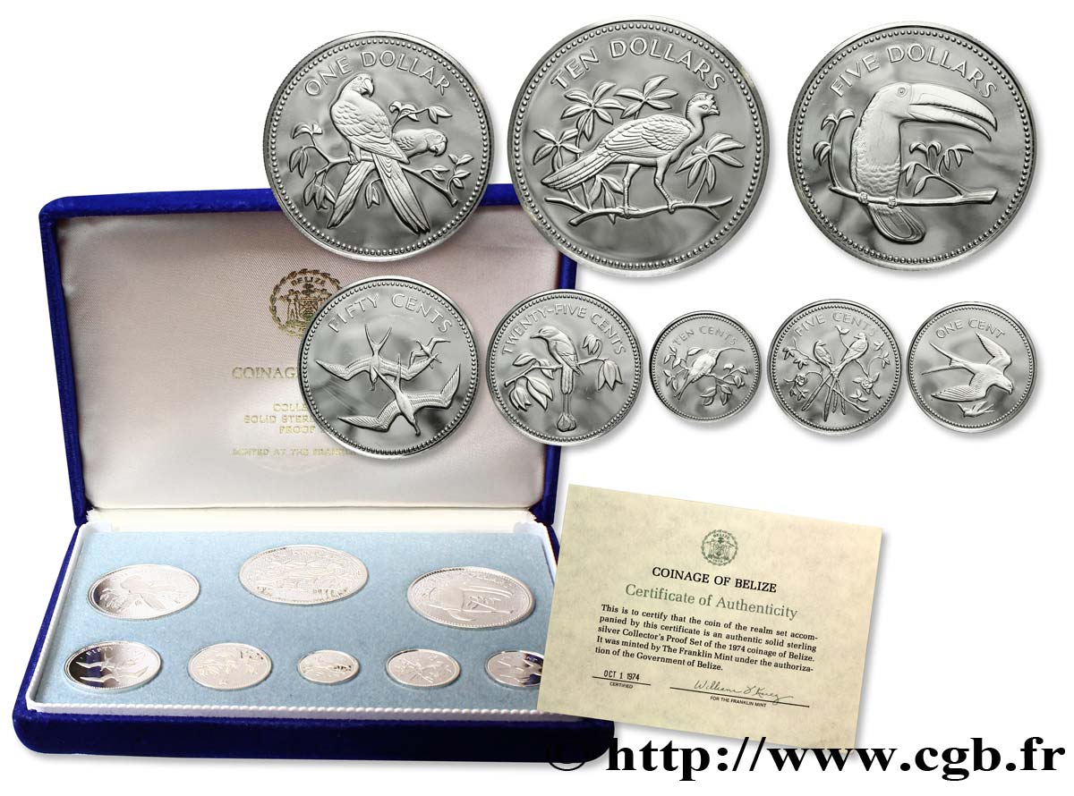 BELIZE Série Proof 8 monnaies emblèmes 1974 Franklin Mint MS 