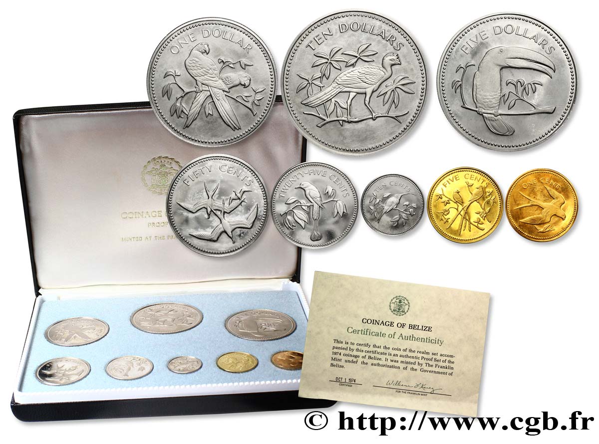 BELIZE Série Proof 8 monnaies emblèmes / oiseaux 1974 Franklin Mint SPL 
